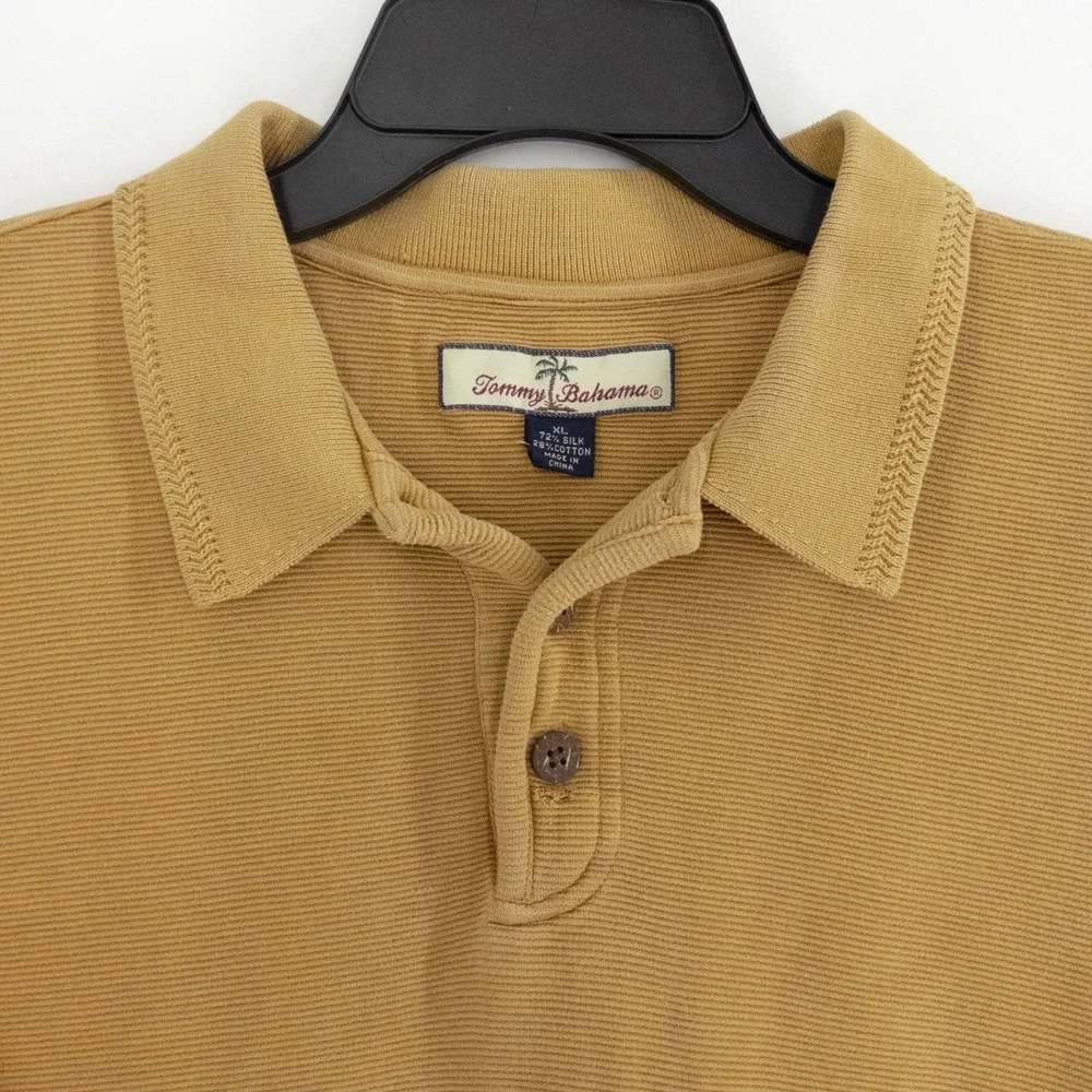 Tommy Bahama Men's XL Silk Blend Ribbed Long Sleeve Polo Shirt Tan/Yellow